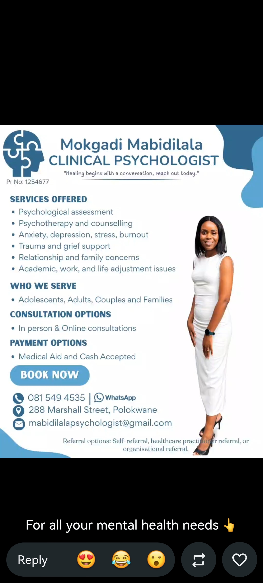 Practice flyer for Mokgadi Mabidilala Clinical Psychologist
