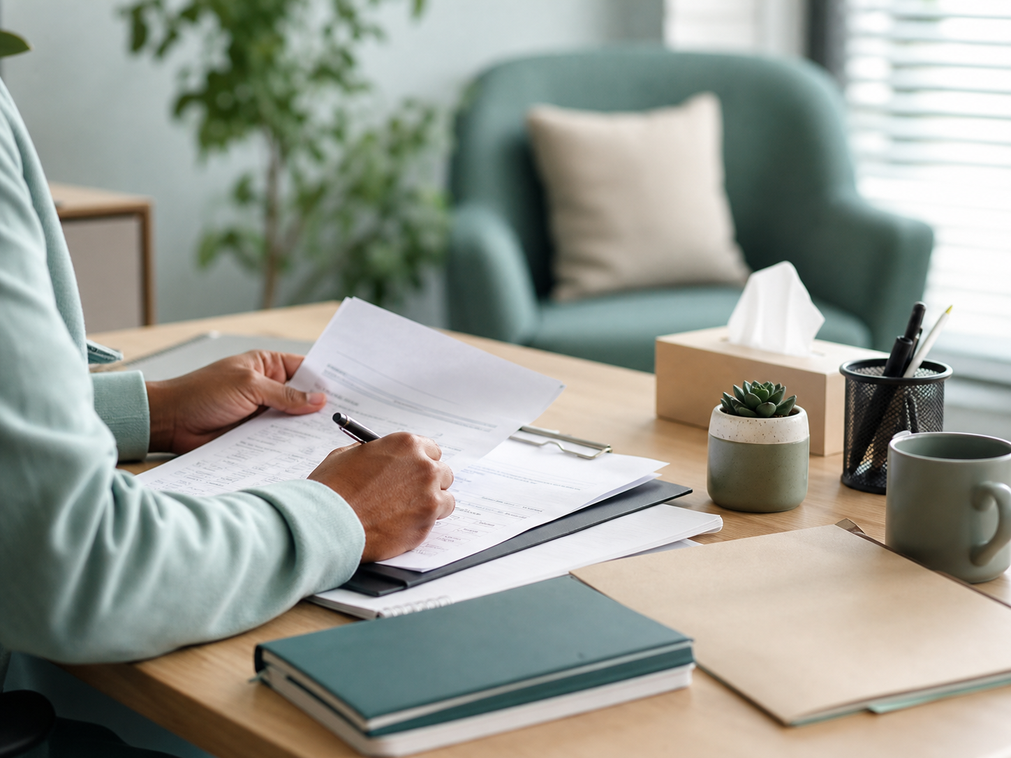 Assessment forms and notes in a calm clinical office