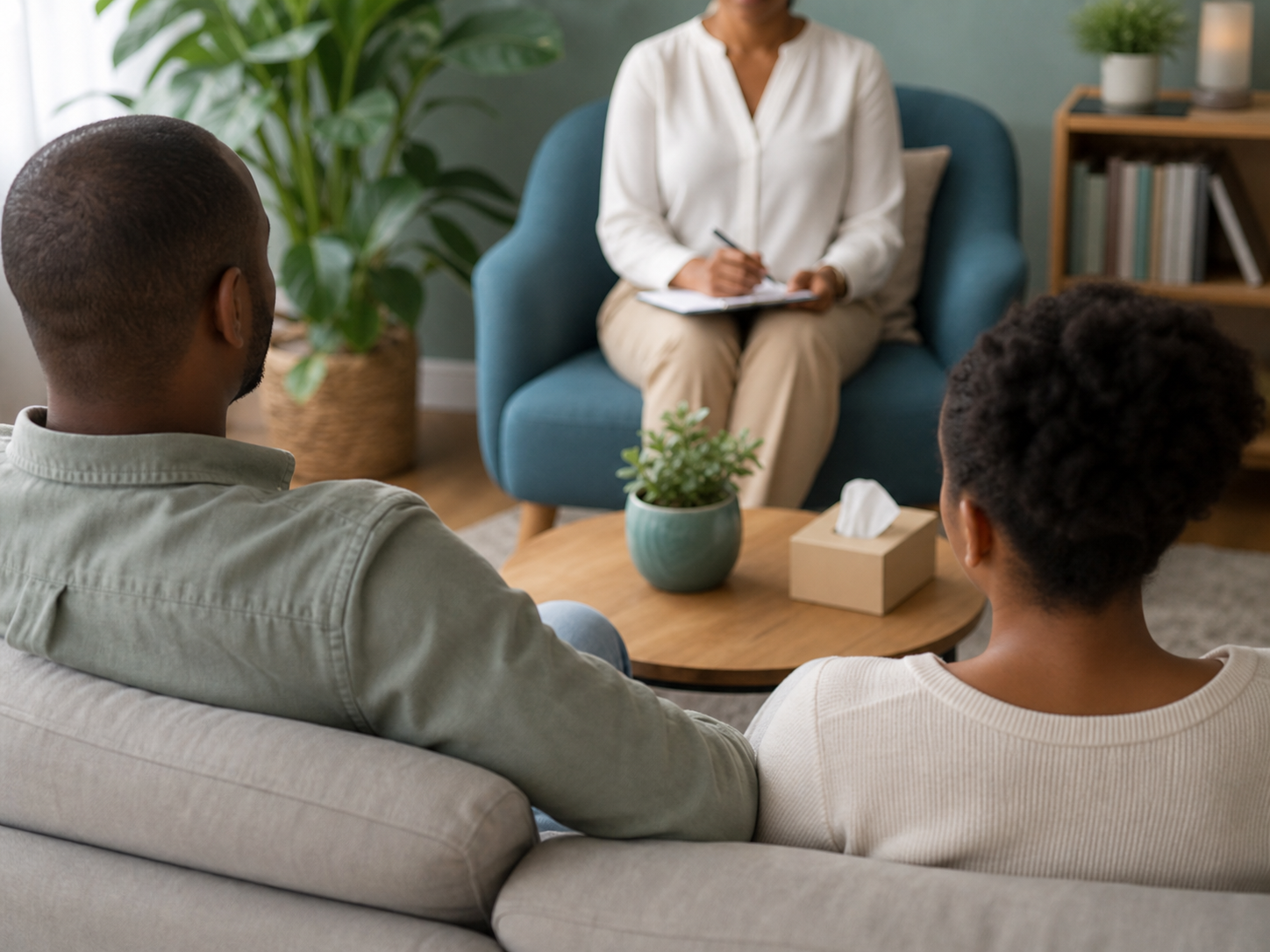 People seated together in a welcoming counselling room